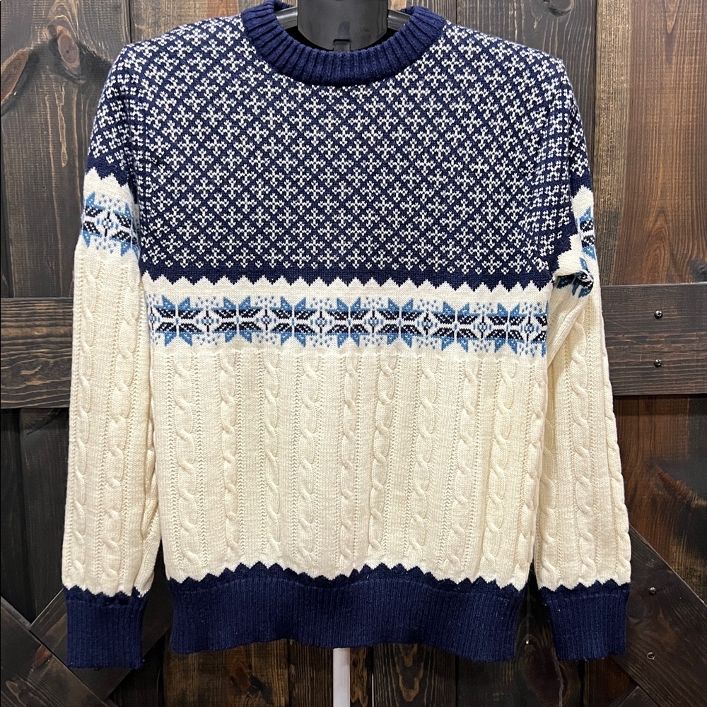 Vintage Fair Isle Sweater L Nordic‎ Snowflake Cream Blue Cable Knit Preppy Crew